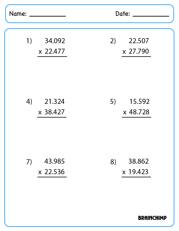 Long Decimal Multiplication Worksheets